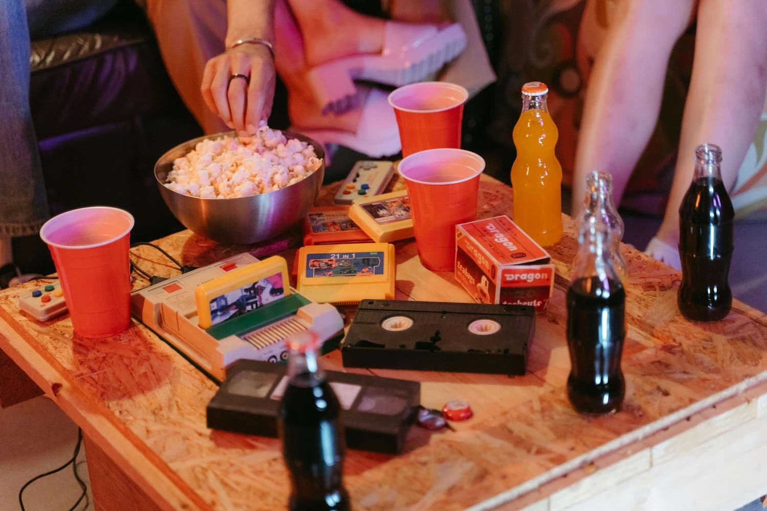 party with retro controllers and drinks